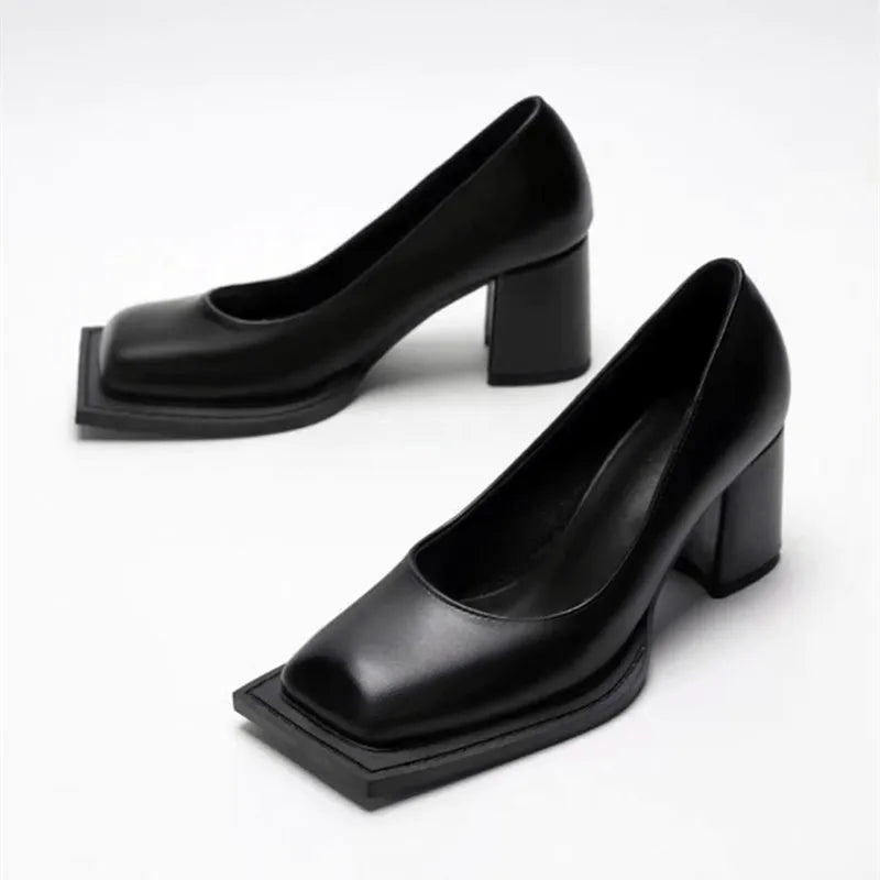 Pumps Square Toe Chunky Heel High Heels Black Soft Leather Elegant Evening