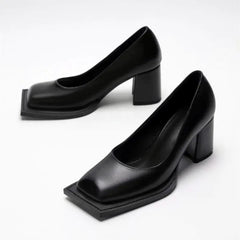 Pumps Square Toe Chunky Heel High Heels Black Soft Leather Elegant Evening