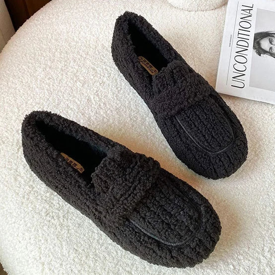 Plus Size 34-43 Wool Shoes Warm Cotton Loafers Femmes Lambswool Moccasins Slip On Round Toe Sheep Fur Flats