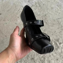 Heeled Ballet Shoes Belt Buckle Casual Chunky Heeled Platform Loafers Square Toe Mary Jane Shoes