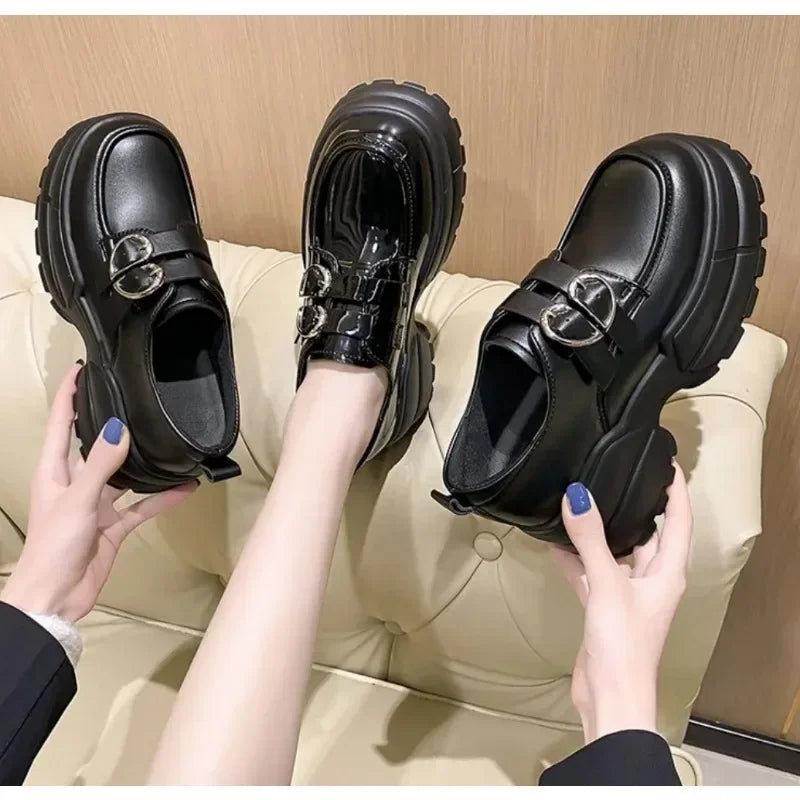 Loafers High Platform 7CM Shoes Thick Sole PU Leather British Metal Buckle Simple Mary Jane Shoes
