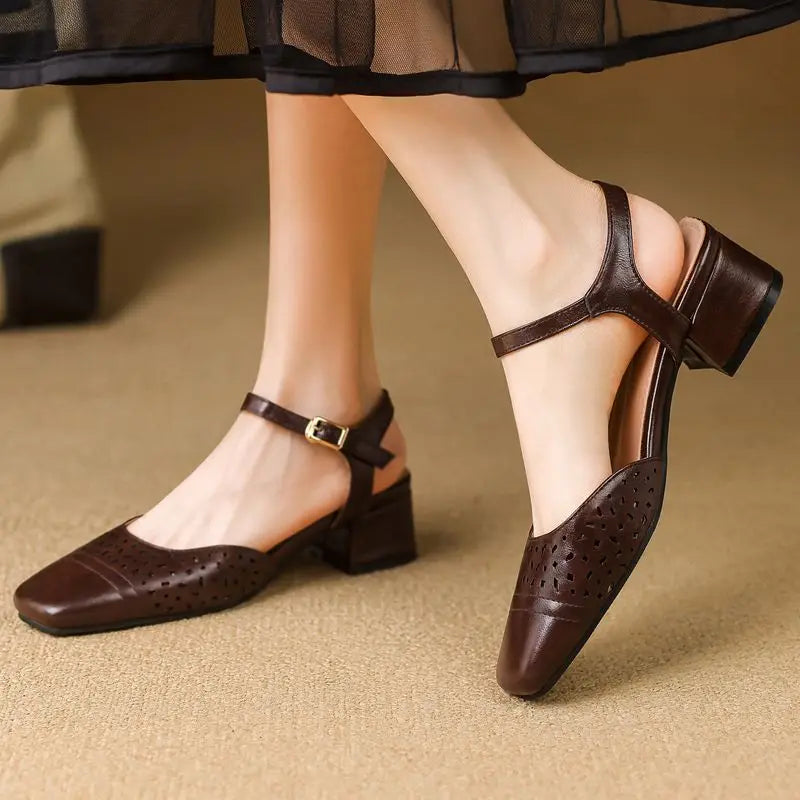 Vintage Square Toe Thick Heels 3.5cm Buckle Strap Breathable Small Size 31 32 33 Sweet Daily Shoes