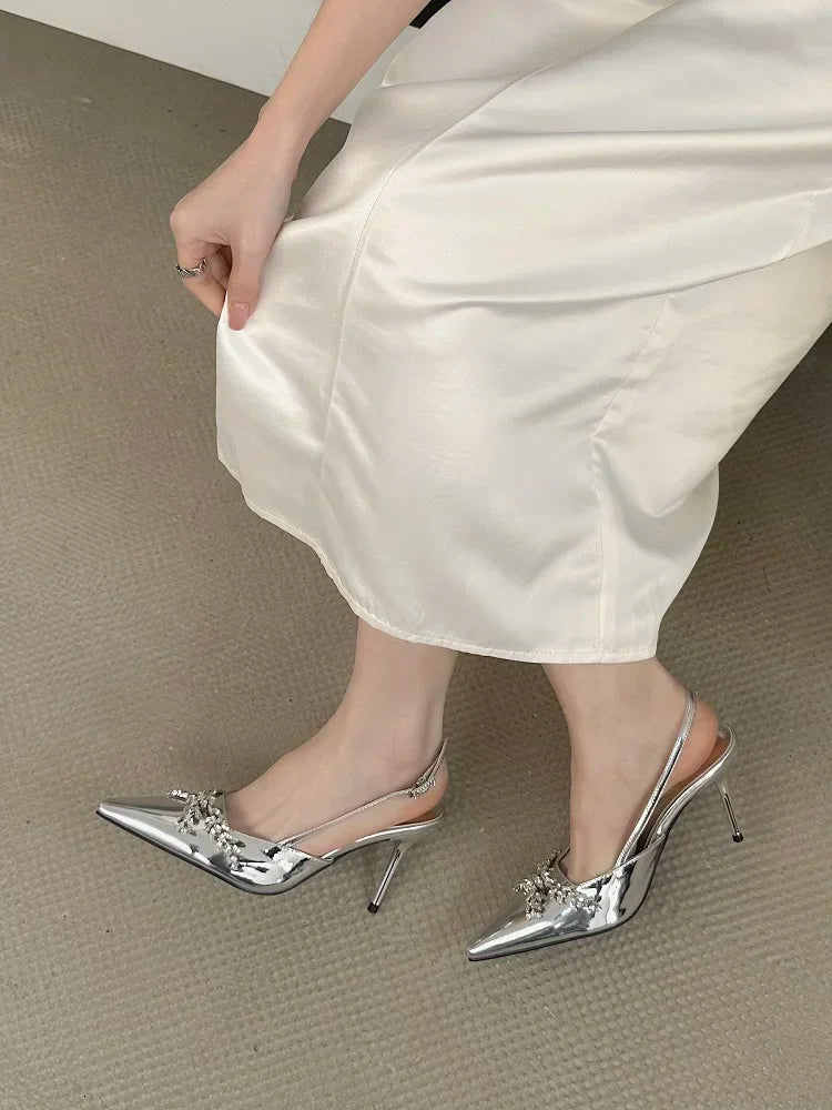 Design CRYSTAL Rhinestone Buckle Strap Banquet Thin High Heels Prom Sandals Mule Shoes Zapatos De Mujer
