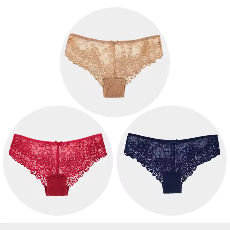Briefs Full Lace Hollow Out Low-waist Shorts Soft Solid Color Breathable Underwear Panties 3pcs Sets