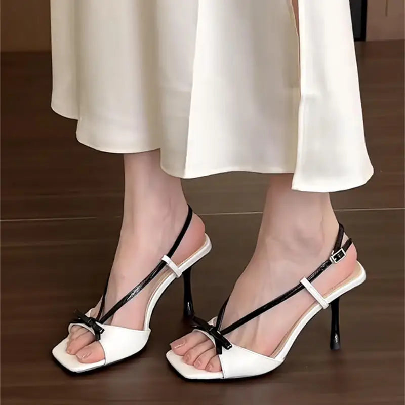 Shallow Bow Sandals Open Toe Strappy Stiletto Heels Daily Classic Dress Party Shoes Hollow Rubber Shoes