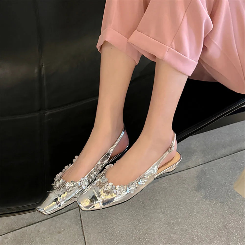 Genuine Leather Pumps FLowers Decoration Party Wedding Shoes Woman Slingbacks Pumps