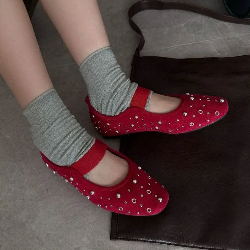 Retro Rivet Ballet Flats Suede Round Toe Mary Jane Shoes Comfort Shallow Flats Shoes Zapatos De Mujer