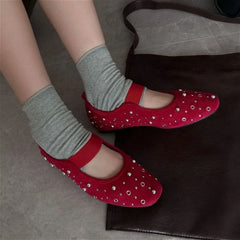Retro Rivet Ballet Flats Suede Round Toe Mary Jane Shoes Comfort Shallow Flats Shoes Zapatos De Mujer