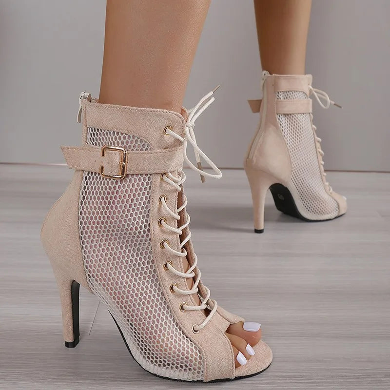 Show Net Fabric Cross Strap High Heel Sandals Pumps Lace-up Peep Toe Sandals Casual Mesh