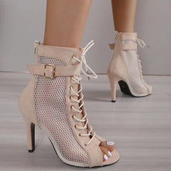 Show Net Fabric Cross Strap High Heel Sandals Pumps Lace-up Peep Toe Sandals Casual Mesh