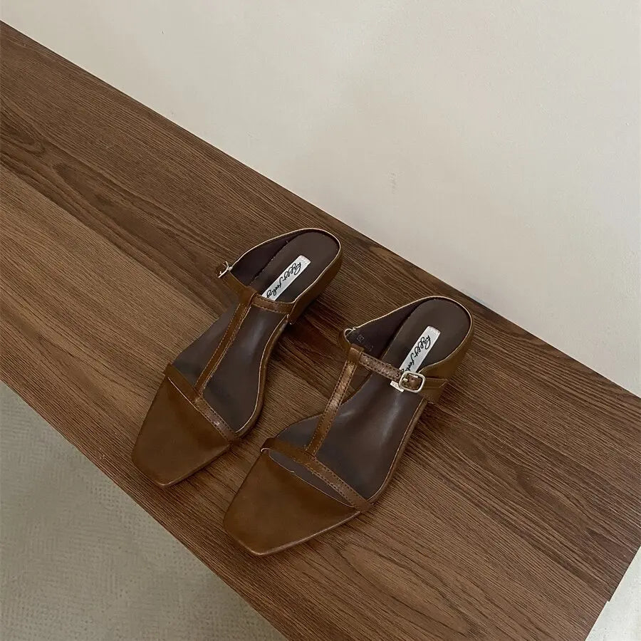 Slipper Square Heels Sandals Square Toe Party Wedding Shoes Slip On Beach Slides Mujer
