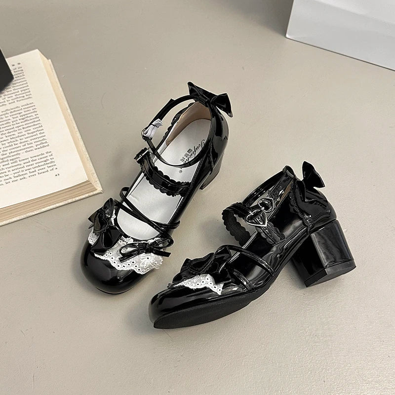 Butterfly-knot Lolita Mary Jane Shoes Elegant Round Toe Thick Heel Shoes Dress Pumps