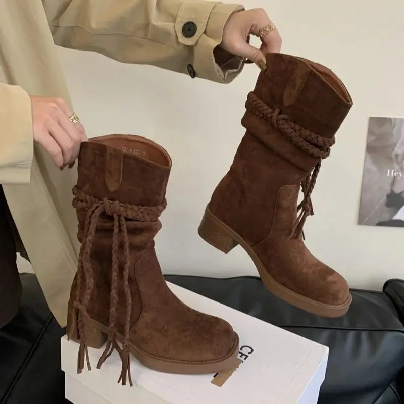 Brown Suede Boots Woman Round Toe Chunky Heels Boots Fall Black Rocks Shoes Botas Western Cowboy Feminina