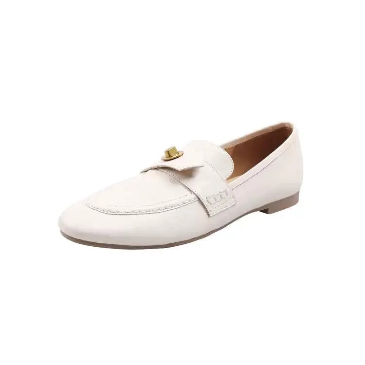 Genuine Calfskin Slip On Round Toe Square Heel Shallow Casual Outdoor Shoes
