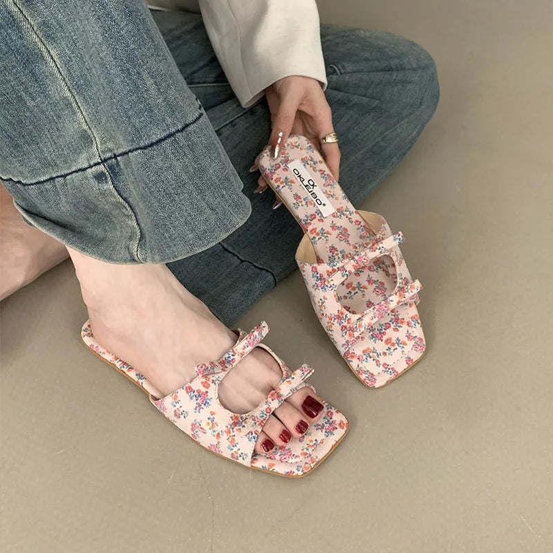 Butterfly-Knot Flats Slippers Shoes Square Toe Beach Slides Sandals Shoes