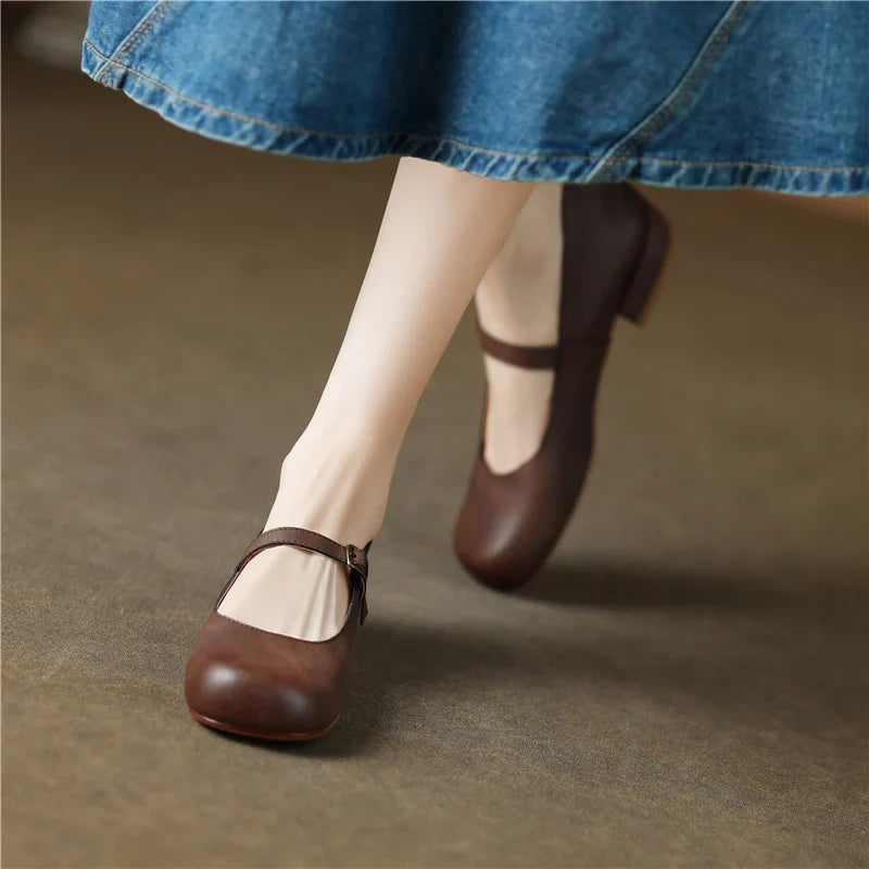Vintage Round Toe Low Heels Genuine Leather Casual Office Working Shoes Woman Retro Style