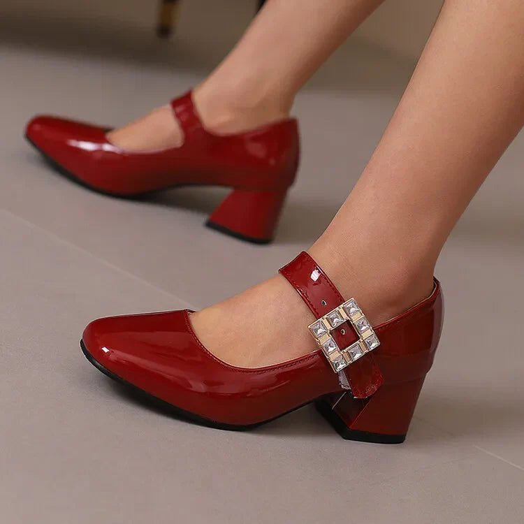 Plus Size 48 Patent Leather Mary Jane Shoes Sparkly Crystal Rhinestone Burgundy White Block Heel Pumps Party Shoe