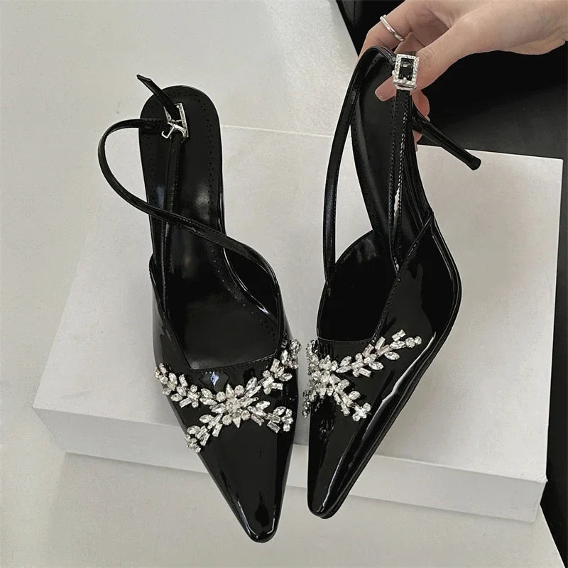 Design CRYSTAL Rhinestone Buckle Strap Banquet Thin High Heels Prom Sandals Mule Shoes Zapatos De Mujer