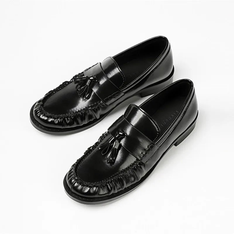 Black Patent Leather Chunky Heel Loafers Pleated Fringe Sewing Shoes Comfortable Soft Leather Zapatos De Mujer