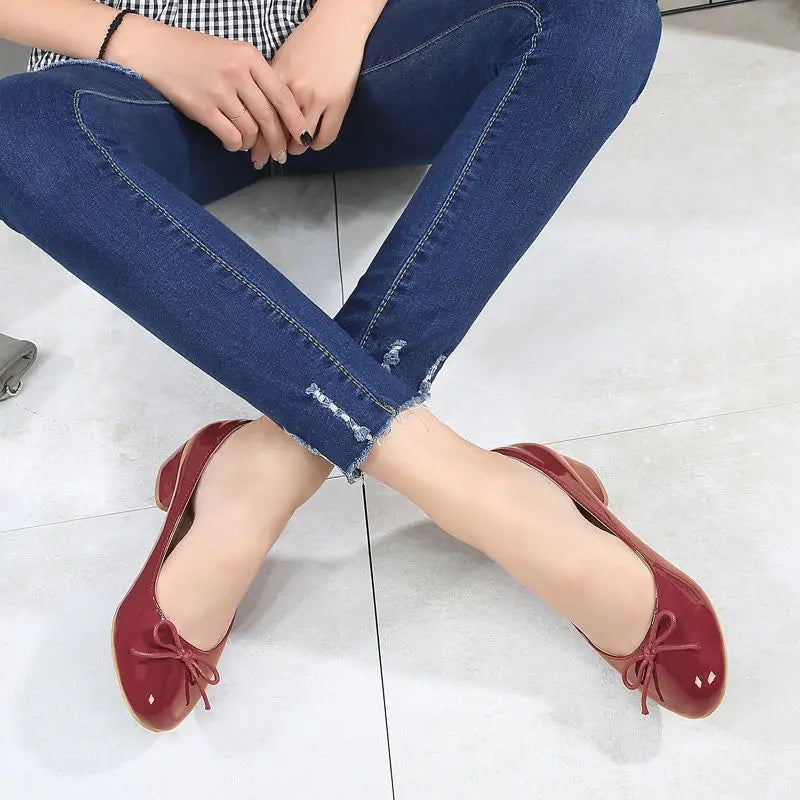 Round Toe Burgundy Cherry Red Ballet Shoes High Low Heel Bow Pumps Low Top Flat Patent Leather Small Red Shoes