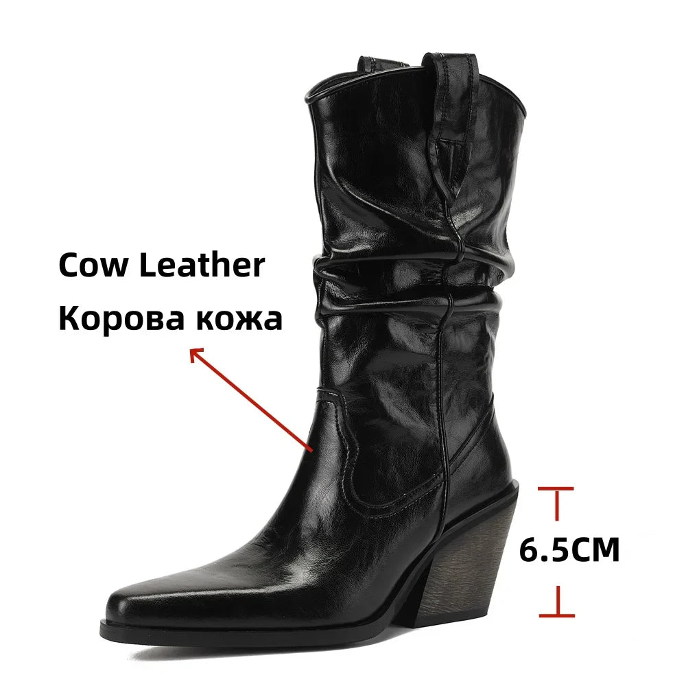 High Heel Leather Shoes Knight Boot Western Cowboy Boots Pointed Toe Thick Soled Short Boot