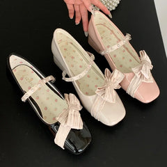 Butterfly-knot Sweet Mary Jane Shoes Elegant Chunky Shallow Pumps Buckle Square Toe High Heels Ladies