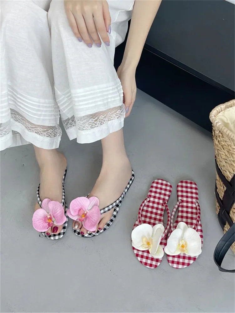 Design Flower Geometric Clip Toe Low Flat Heels Slippers Casual Flip Flops Party Shoes
