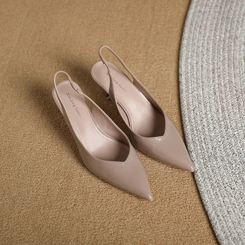 Elegant Slingback High Heels Sandals Woman Rear-Strap Shoes Office Dress Shiny Leather Pumps Pointed Toe Cut-Out Tacones