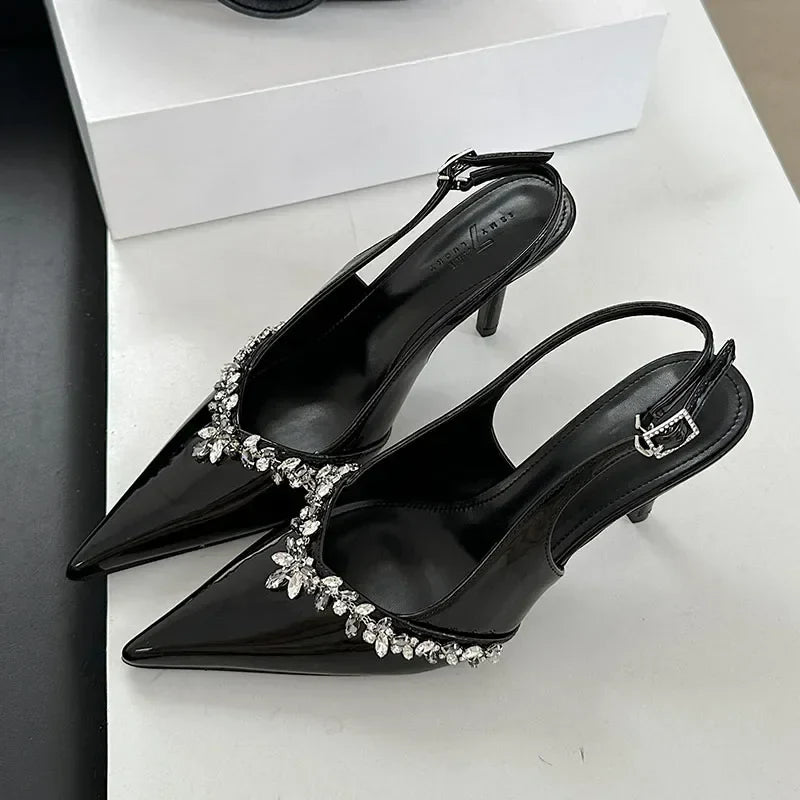 Crystal Pointed Toe High Heels Elegant Party Brand Slingbacks Sandals