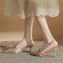 Satin Pointed Toe High Heels Bow Design Cover Toe Fine Heel 6cm Sandals Back Strap Party