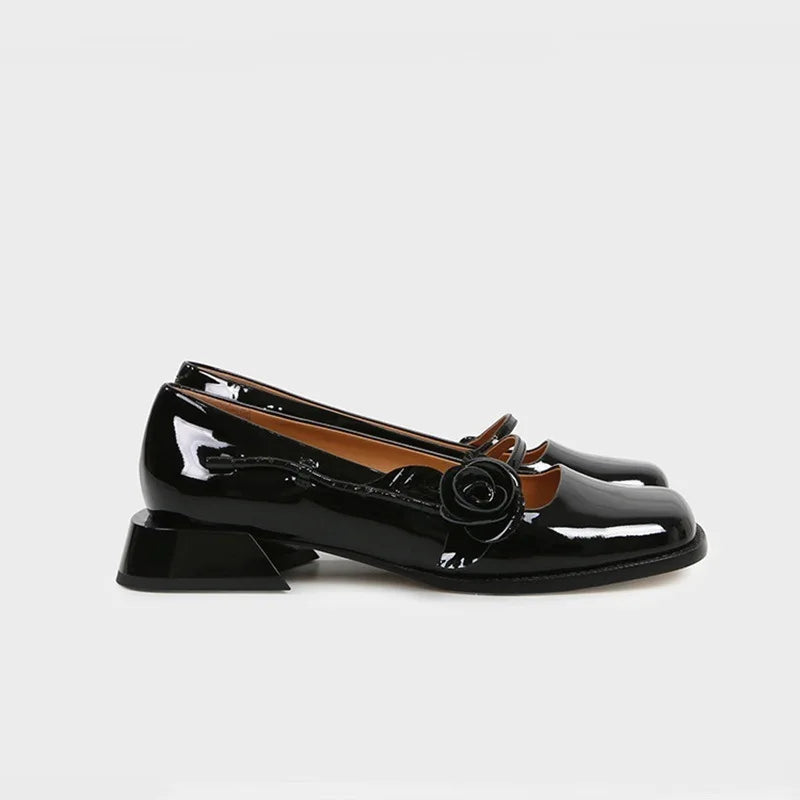 rose flower patent leather shoes woman brand sqaure toe pumps thick heel button strap mary janes talons hauts