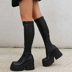 Platform Chunky High Heeled Knee High Boots Cool Round Toe Cute Sweet Heeled Boots Gothic Uniform
