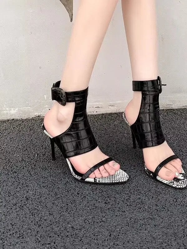 Large Size 35-42 Stiletto Sandals Party High Heels Peep Toe Pumps Buckles PU Leather Vintage Shoes