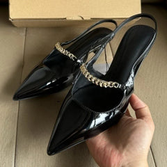 Elegant Black Patent Leather Heels Metal Chain Slingback Shoes Comfort Pointed Toe Kitten Heel Office Shoe