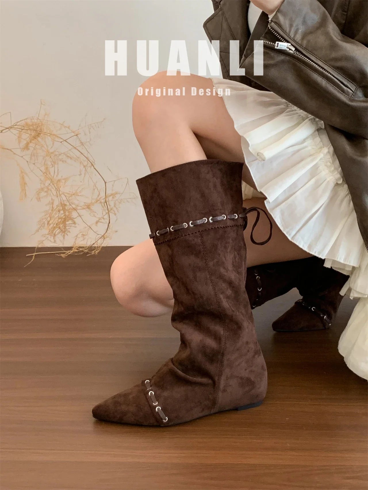 Knee High Boots Pointed Toe Flats Shoes Suede Chelsea Boots Walking Mujer Botas