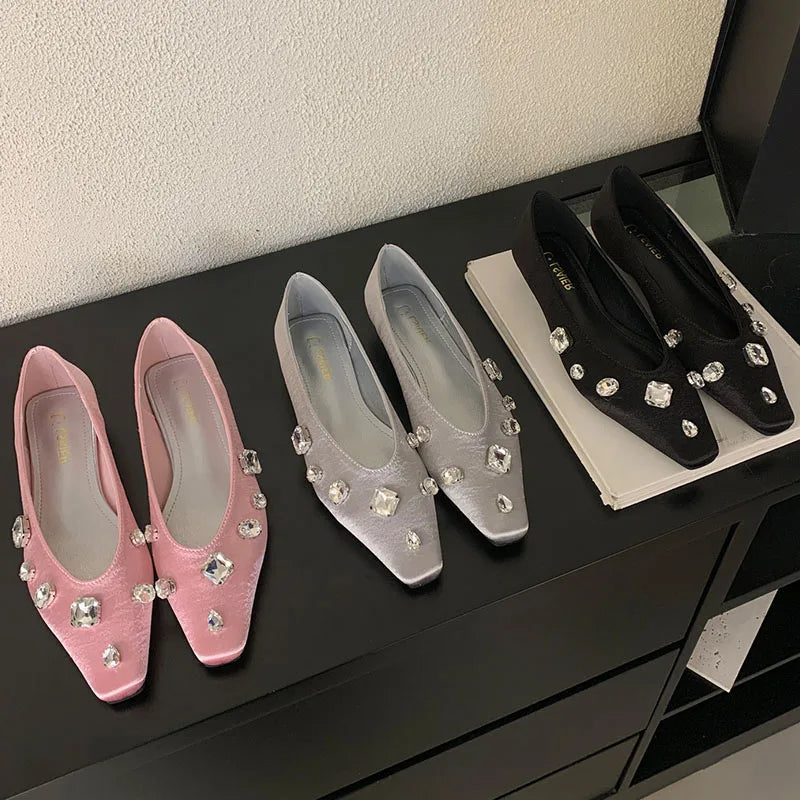 Pink Rhinestones Silk Flats With Shoes Soft Shallow Footwear Crystal Slip On Flats Shoes