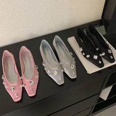 Pink Rhinestones Silk Flats With Shoes Soft Shallow Footwear Crystal Slip On Flats Shoes