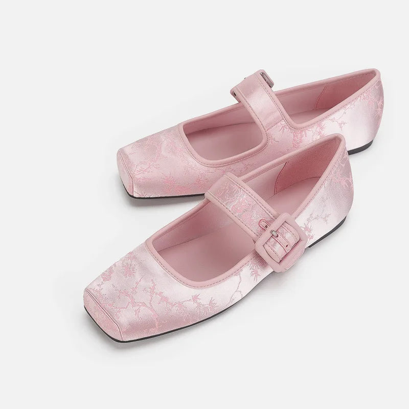 Silk Embroidery Ballerinas Woman Pig Toe Flats Shoes Belt Buckle Silky Mary Janes Wedding Brides Ballets Loafers