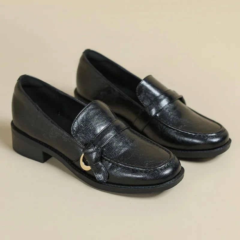 Cow Leather Metal Buckle Slip On Flat Shoes High Quality Comfortable Loafers Casual Versatile Daily Famale Shoes