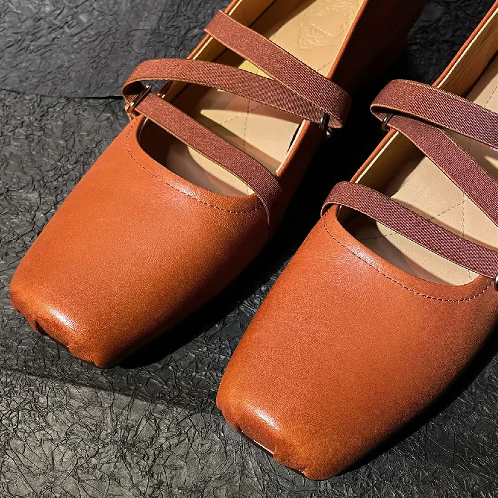 Womenn's genuine leather square toe elastic band slip-on ballet flats cross strap slim soft comfortable ballerians shoes