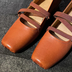 Womenn's genuine leather square toe elastic band slip-on ballet flats cross strap slim soft comfortable ballerians shoes