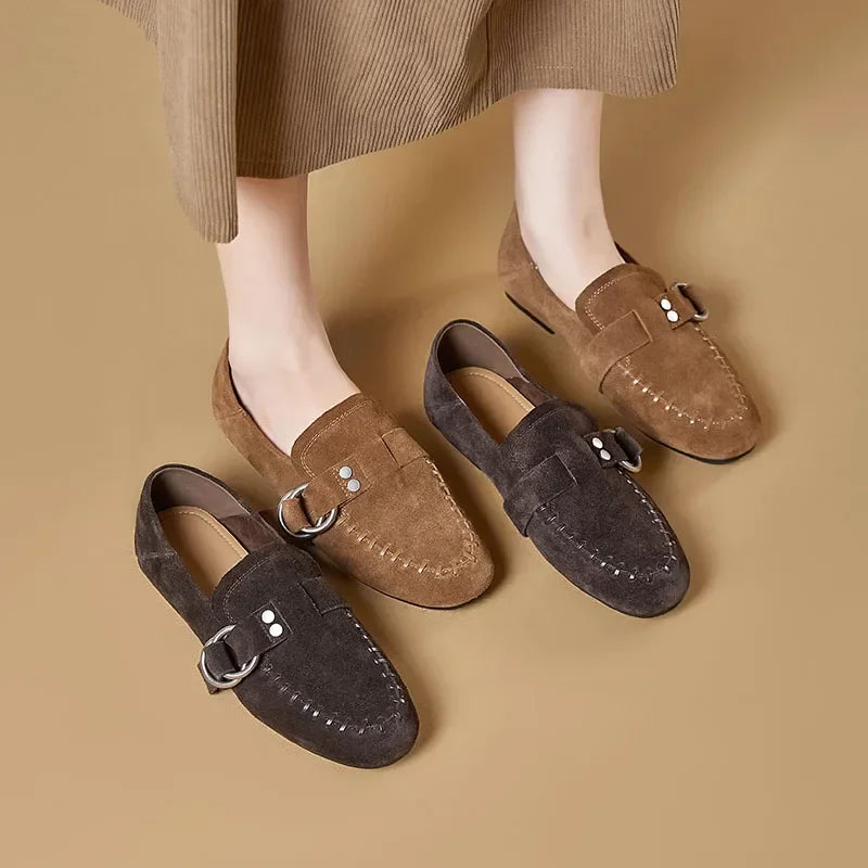 Genuine Leather Flats Metal Buckle-Decorated Suede Loafers Light Comfortable Cow Suede Shoes