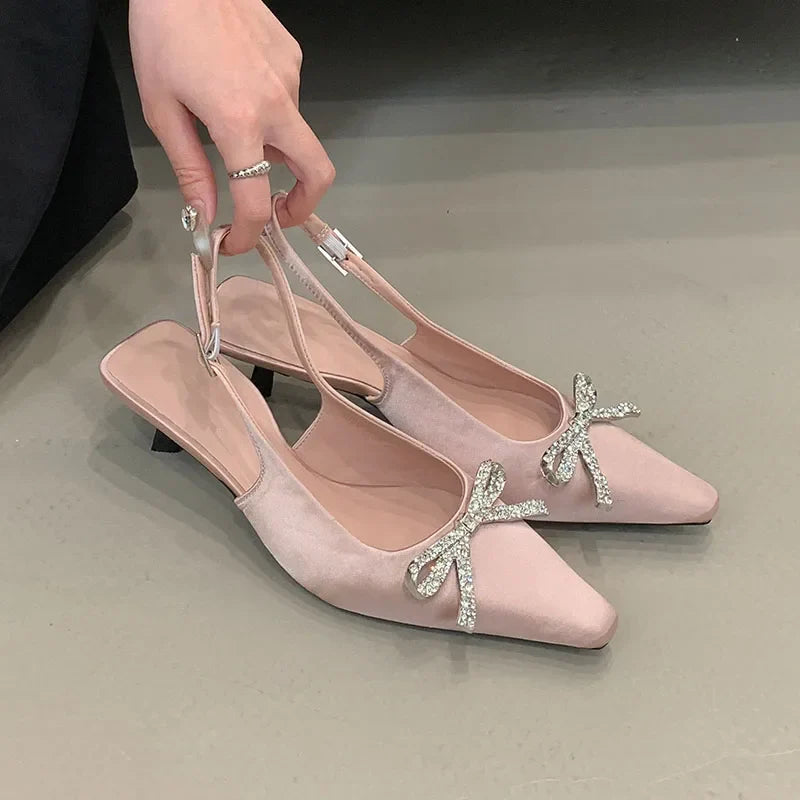 Shallow Medium Heels Sandals Shoes Pointed Toe Footwear Butterfly-Knot Heels Pumps Sandals Shoes