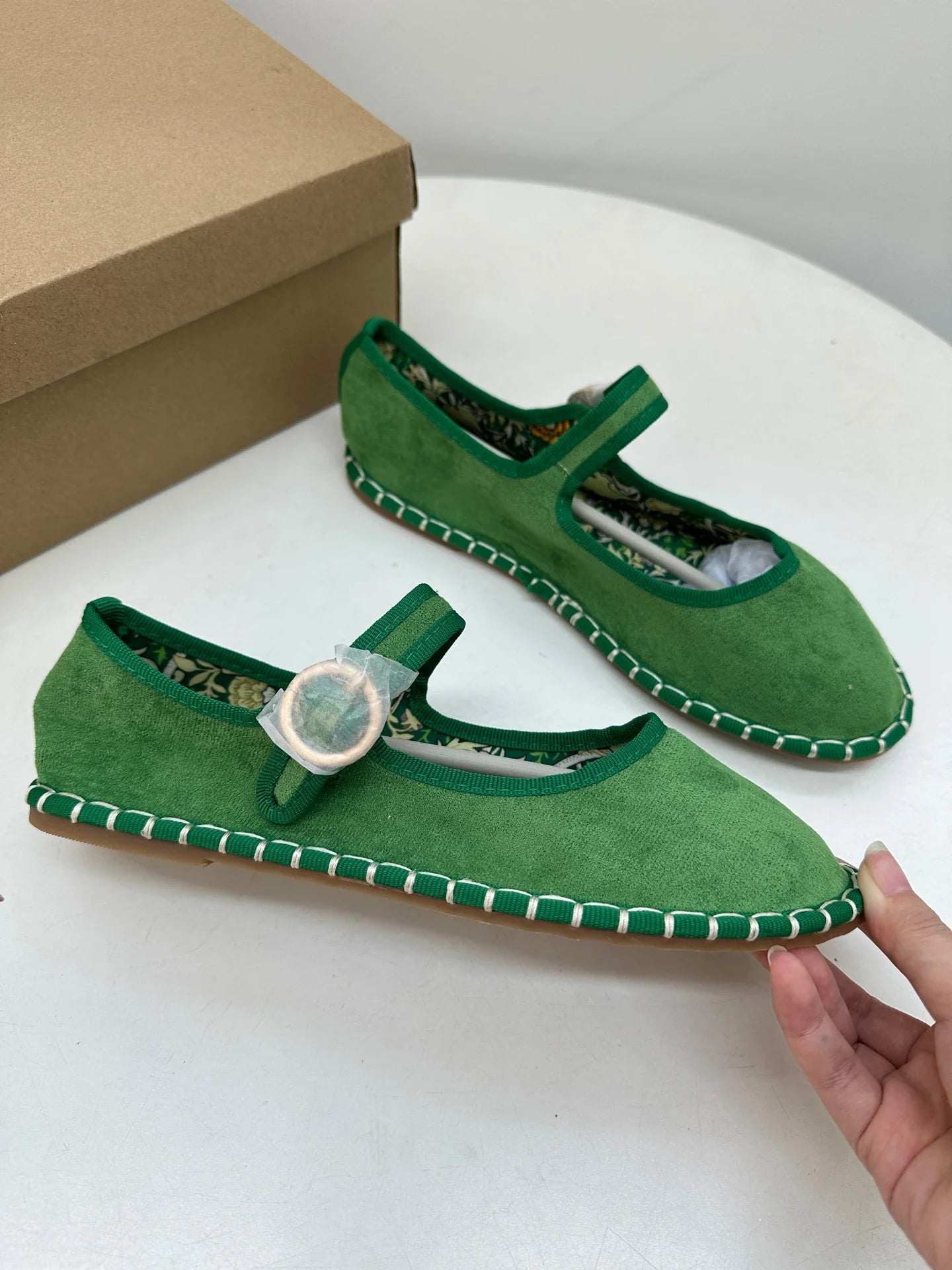 Floral Print Insole Velvet Flats Shoes Hand Stitching Elegant Mary Jeans Shoes Round Toe Ballets Flats Footwear