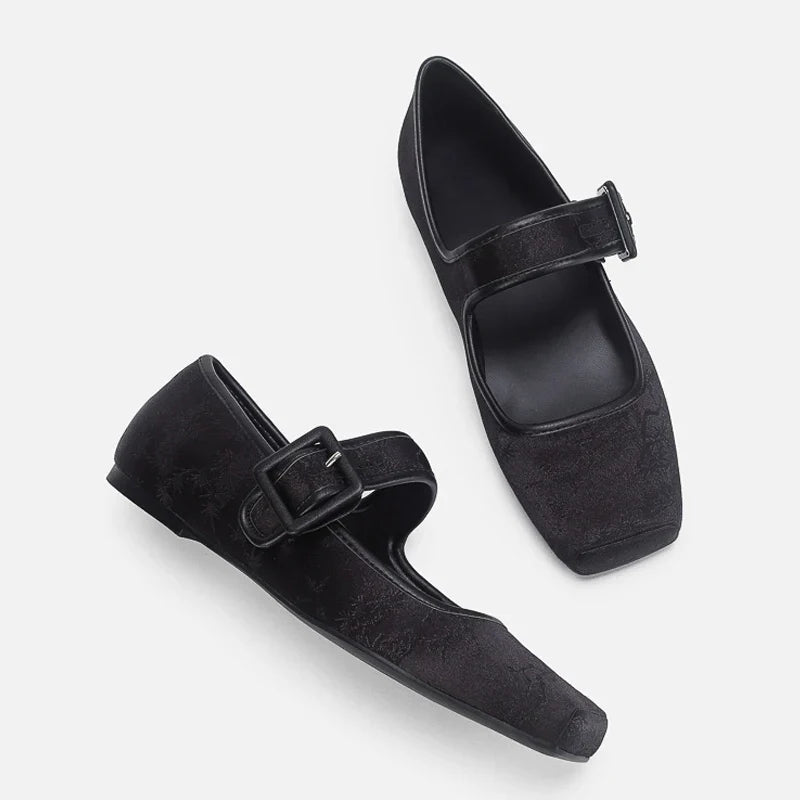 Silk Embroidery Ballerinas Woman Pig Toe Flats Shoes Belt Buckle Silky Mary Janes Wedding Brides Ballets Loafers