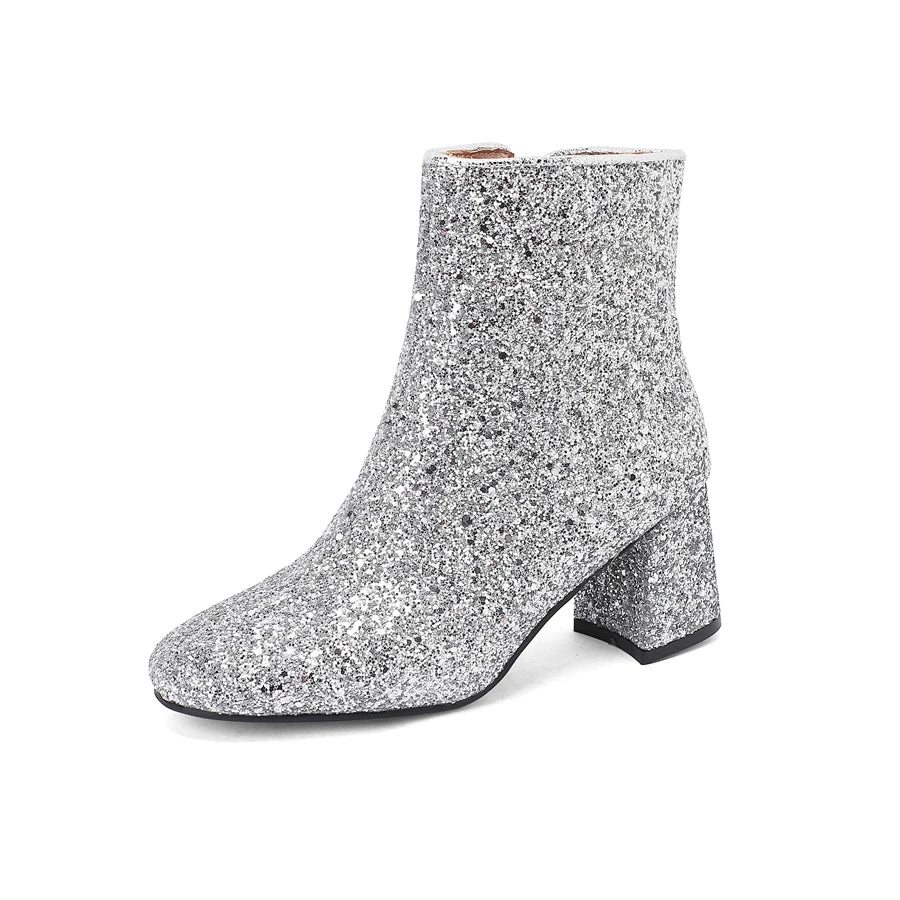 Big Size 48 49 50 Gold Silver Blue Sequined Cloth Glitter Shoes Chunky High Heels Bling Party Ankle Chelsea Boots