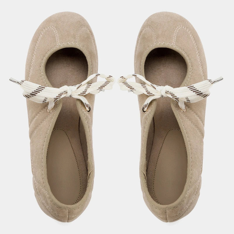 Suede Lace Up Ballet Flats High Quality Round Toe Mary Jane Shoes Comfortable Soft Sole Loafers