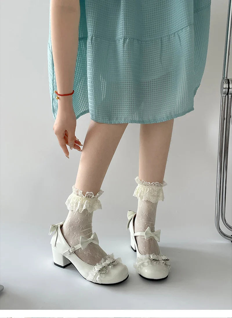 Cute Lace JK Mary Jane Shoes Butterfly-knot Leather Shoes Outdoor Party Dress Pumps