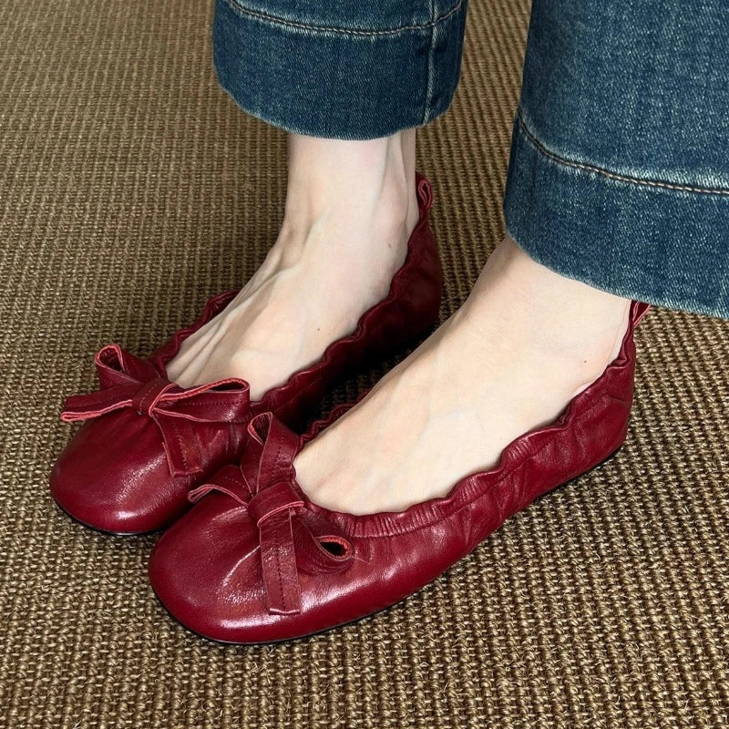Red Bow Pleated Design Brand Ballet Flat Shoes Retro Round Toe Shallow Mary Jane Shoes Comfortable Moccasin