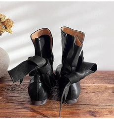 Soft Leather Lace-up Ankle Boots Comfortable Flats Short Booties Bowknot Chelsea Boots Shoes Botas